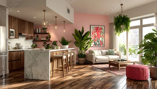 Fototapeta Elegant and trendy kitchen and living room setup with wooden elements, wall art, and plants, perfect for a modern home interior.