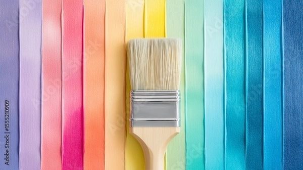 Fototapeta Paintbrush resting on multicolored ribbon stripes