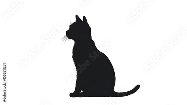 Fototapeta Silhouette of Cat Sitting Upright Minimalist Design on White Background