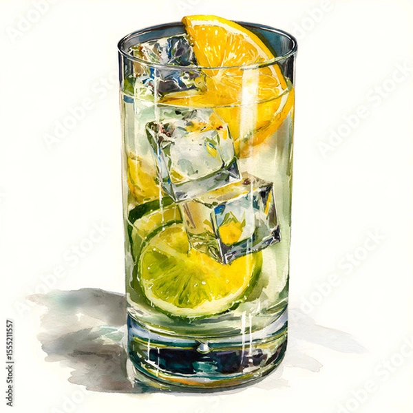 Fototapeta Gin fizz cocktail with ice cubes and lemon slice in a highball glass. Watercolor illustration isolated on white background. Alcoholic drink with citrus and soda.
