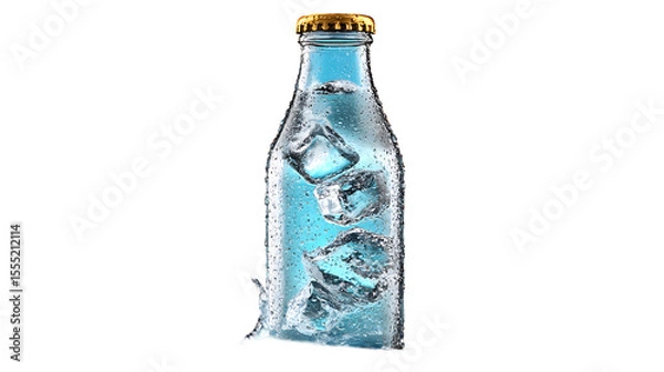 Fototapeta Glass bottle with ice cubes refreshing drink cool beverage studio shot