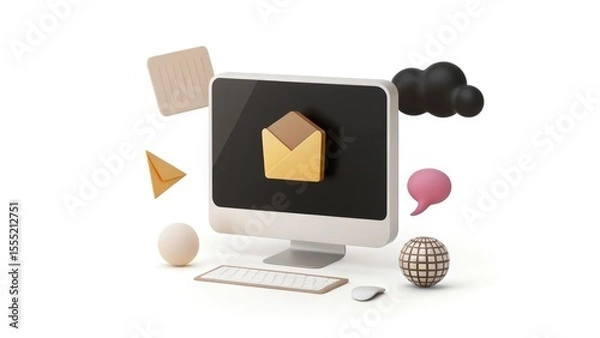 Fototapeta Computer Monitor with Envelope Icon Surrounded by Communication Symbols Representing Digital Messaging and Connectivity
