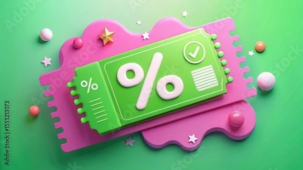 Fototapeta Green Discount Ticket with Checkmark and Percent Symbols on Playful Pink Background Representing Sales and Promotions
