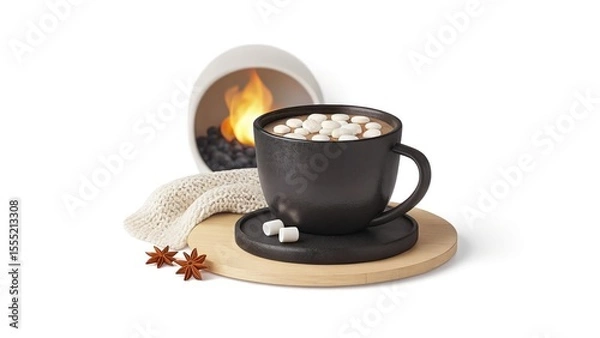 Fototapeta Rustic Mug of Hot Chocolate with Marshmallows by Fireplace Evoking Warmth and Cozy Winter Comfort
