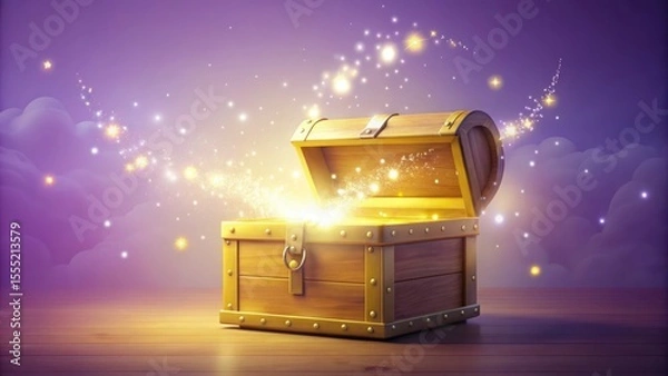 Fototapeta Glowing Yellow Treasure Chest Floating Open with Magical Light on Lavender Background

