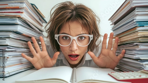 Fototapeta Office stress, close-up shot from a low perspective, showing an overwhelmed woman with freckles and wild hair peering over a desk piled high with binders and papers.
