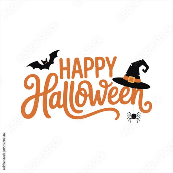 Fototapeta Happy Halloween Typography with Bat Spider and Witch Hat,Halloween Lettering Design with Decorative Elements,Hand Drawn Halloween Text with Bat and Witch Hat,Festive Halloween Calligraphy with Spide