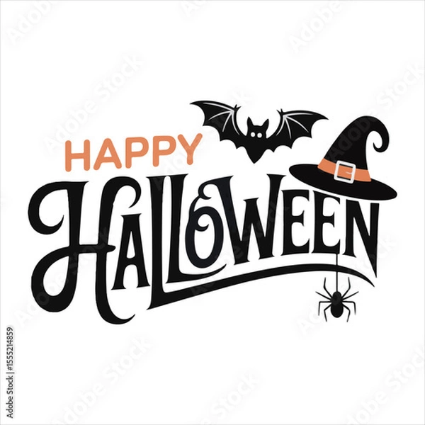 Fototapeta Happy Halloween Typography with Bat Spider and Witch Hat,Halloween Lettering Design with Decorative Elements,Hand Drawn Halloween Text with Bat and Witch Hat,Festive Halloween Calligraphy with Spide