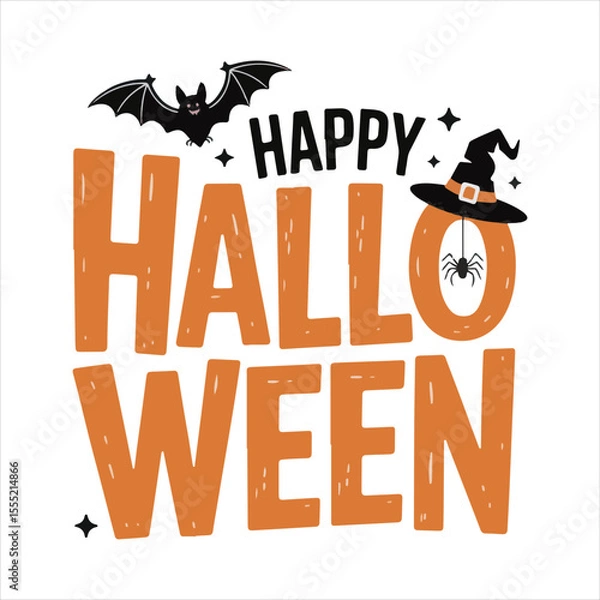 Fototapeta Happy Halloween Typography with Bat Spider and Witch Hat,Halloween Lettering Design with Decorative Elements,Hand Drawn Halloween Text with Bat and Witch Hat,Festive Halloween Calligraphy with Spide