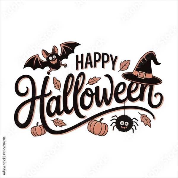 Fototapeta Happy Halloween Typography with Bat Spider and Witch Hat,Halloween Lettering Design with Decorative Elements,Hand Drawn Halloween Text with Bat and Witch Hat,Festive Halloween Calligraphy with Spide