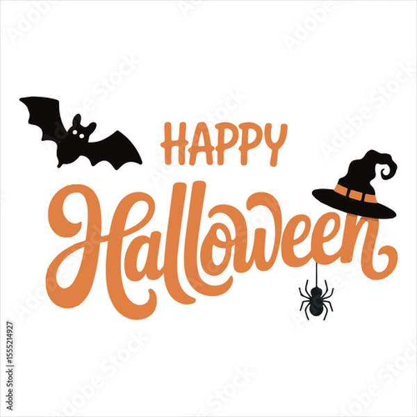 Fototapeta Happy Halloween Typography with Bat Spider and Witch Hat,Halloween Lettering Design with Decorative Elements,Hand Drawn Halloween Text with Bat and Witch Hat,Festive Halloween Calligraphy with Spide