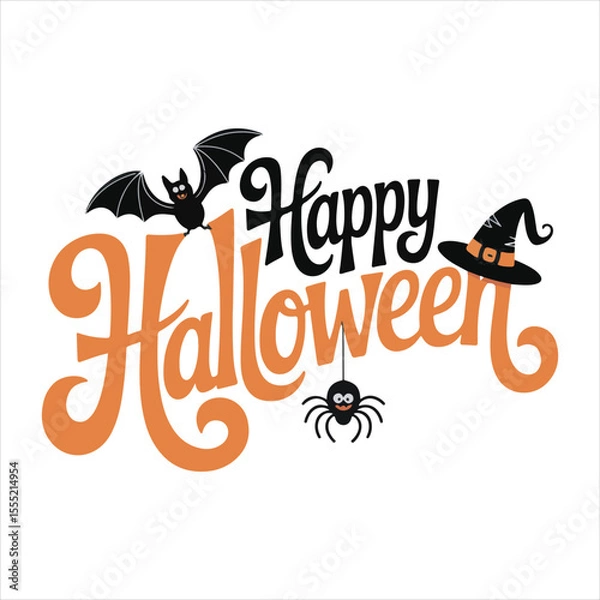 Fototapeta Happy Halloween Typography with Bat Spider and Witch Hat,Halloween Lettering Design with Decorative Elements,Hand Drawn Halloween Text with Bat and Witch Hat,Festive Halloween Calligraphy with Spide