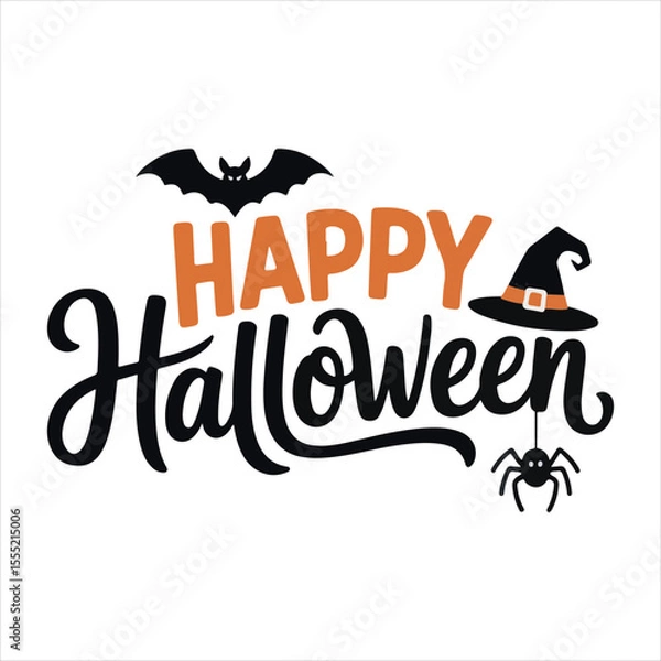 Fototapeta Happy Halloween Typography with Bat Spider and Witch Hat,Halloween Lettering Design with Decorative Elements,Hand Drawn Halloween Text with Bat and Witch Hat,Festive Halloween Calligraphy with Spide