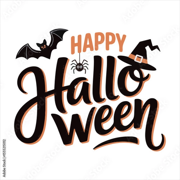 Fototapeta Happy Halloween Typography with Bat Spider and Witch Hat,Halloween Lettering Design with Decorative Elements,Hand Drawn Halloween Text with Bat and Witch Hat,Festive Halloween Calligraphy with Spide