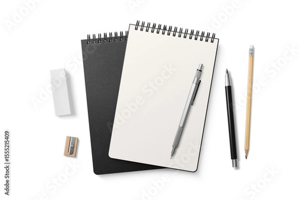 Fototapeta Spiral bound notebook mockup template with black paper cover isolated on a transparent background, PNG. High resolution.