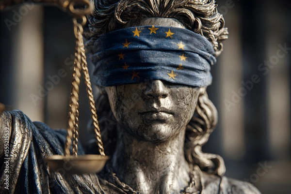 Fototapeta Blindfolded goddess of justice with european union flag symbolizing the influence of geopolitics on justice in judicial matters