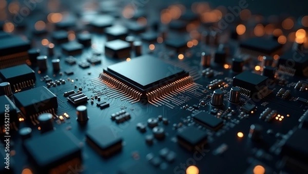 Fototapeta Close-up of a processor mounted on a motherboard with intricate circuits, glowing in a high-tech digital background.