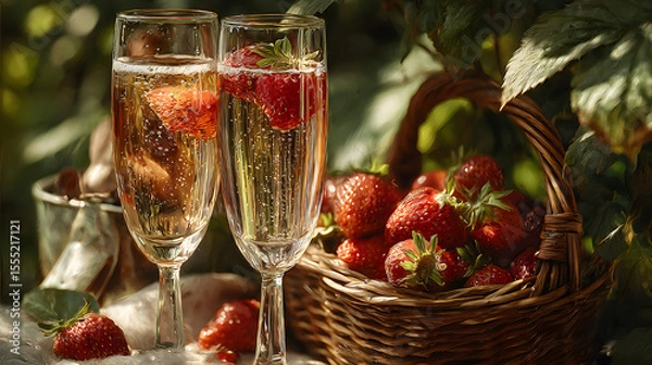 Fototapeta Champagne and Strawberries at Royal Ascot Festival, Elegant Summer Refreshments Symbolize British Luxury, Tradition, and Celebration at This Iconic Horse Racing Event