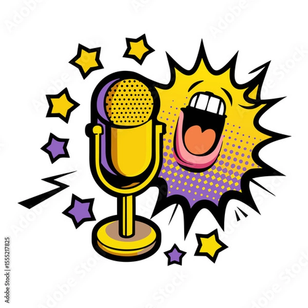 Fototapeta Isolated vector image of microphone with yelling mouth in pop art style on transparent background  