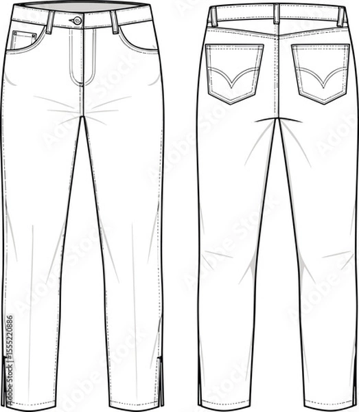 Fototapeta Straight fit jeans with front and back pockets, technical flat sketch, casual fashion pants vector template, denim bottom wear, cad drawing flat vector illustration