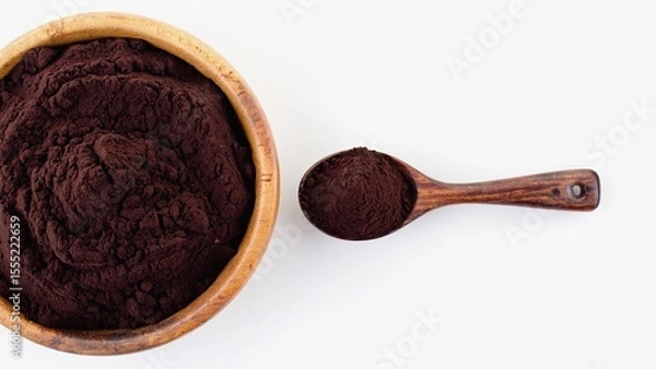 Fototapeta A wooden bowl and a spoon, both filled with brown powder, are placed on a light monochrome background. It can be cocoa or cinnamon, creating a natural and cozy look for culinary projects.