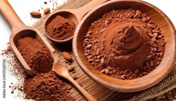 Fototapeta A large wooden bowl with cocoa powder or cinnamon and almonds on a wooden surface. Perfect for cozy cooking and natural style.