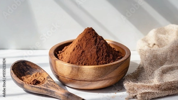 Fototapeta  On a white background is a wooden bowl with ground cinnamon and a wooden spoon filled with cinnamon. The bowl is decorated with carvings, creating a stylish and natural look, perfect for culinary 