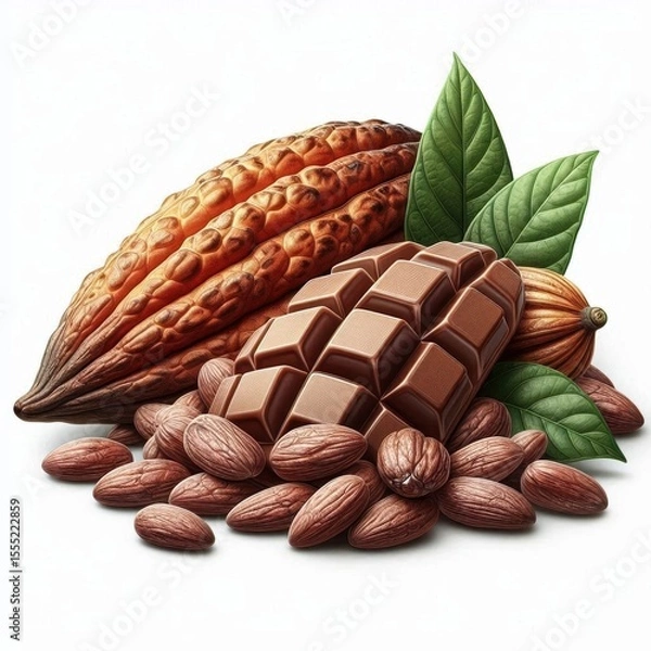 Fototapeta Cocoa beans, a chocolate bar and almonds are arranged on a white background, complemented by a green leaf. The composition conveys a feeling of warmth and naturalness.