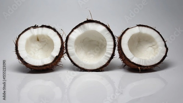 Fototapeta Three coconut halves with white flesh inside are placed on a white background, the brown outer part is covered with fibers. The reflective surface creates a mirror effect, emphasizing the freshness