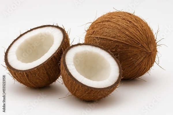 Fototapeta There are three coconuts on a white background: one whole, two cut in half, showing delicious white flesh. The brown fibrous peel gives an exotic look.