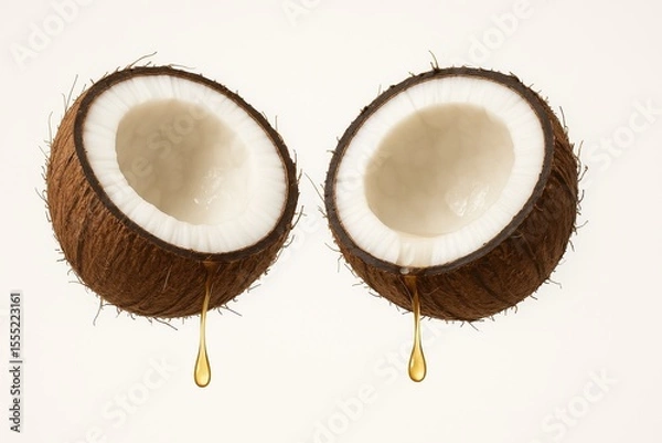 Fototapeta There are two halves of a coconut on a simple white background. Each one is filled with white meat, from which a clear yellow liquid drips. The brown texture of the shell creates an exotic and natural