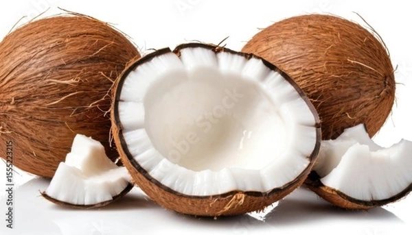 Fototapeta  Two whole coconuts, a half and pieces of pulp are presented on a white background. The brown shell contrasts with the white, creamy flesh, creating an appetizing and fresh appearance.