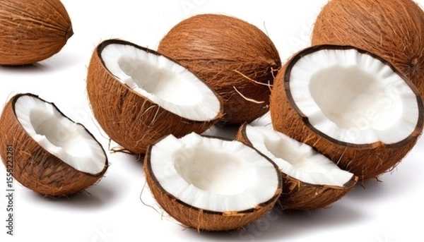 Fototapeta  Two whole coconuts, a half and pieces of pulp are presented on a white background. The brown shell contrasts with the white, creamy flesh, creating an appetizing and fresh appearance.