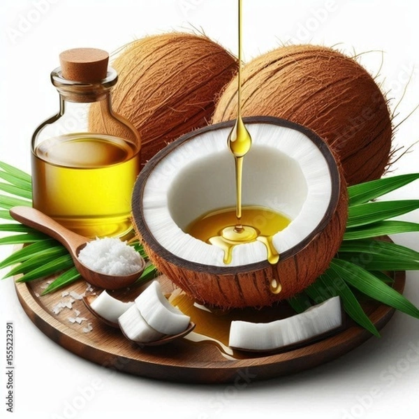 Fototapeta It shows whole coconuts and a sliced coconut dripping with oil. Next to it is a bottle of coconut oil and a spoon with white chips. Everything is on a wooden board, decorated with green palm leaves.