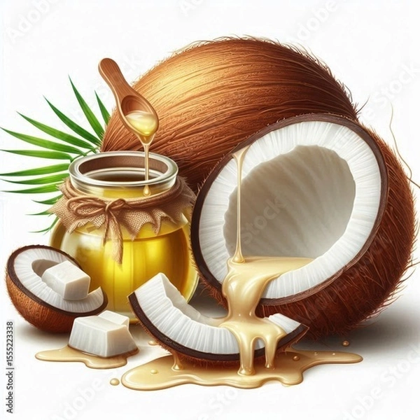 Fototapeta It shows whole coconuts and a sliced coconut dripping with oil. Next to it is a bottle of coconut oil and a spoon with white chips. Everything is on a wooden board, decorated with green palm leaves.