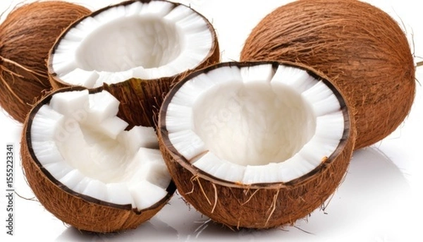Fototapeta  Two whole coconuts, a half and pieces of pulp are presented on a white background. The brown shell contrasts with the white, creamy flesh, creating an appetizing and fresh appearance.