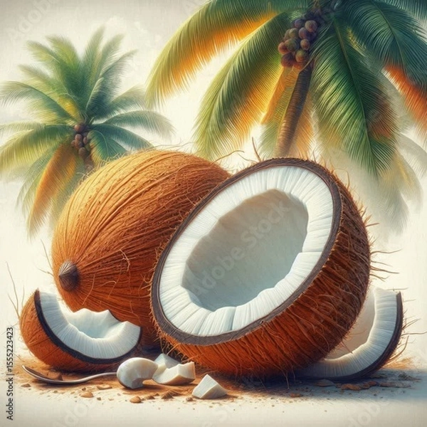 Fototapeta  Close up of coconuts against a background of green palm trees with warm shades. Two whole coconuts, several halves and pieces, next to a small spoon. Perfect for a tropical theme.