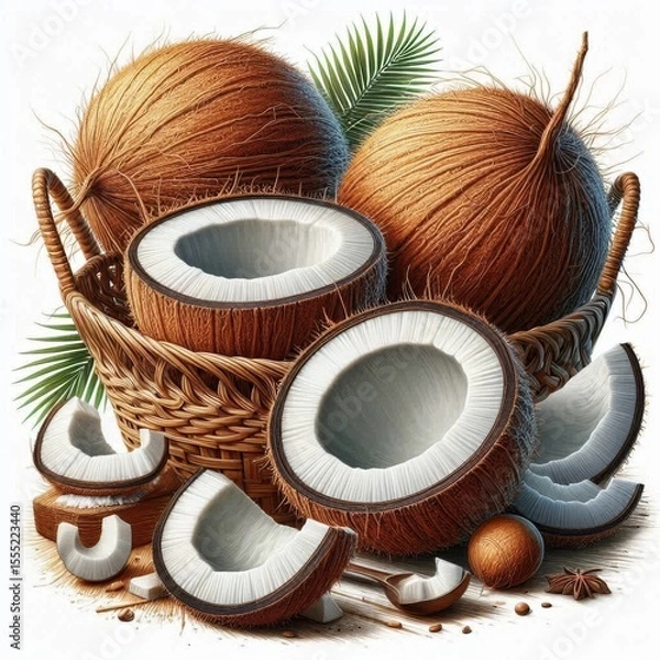 Fototapeta A composition of whole and sliced coconuts in a wicker basket surrounded by green palm leaves and some spices. Perfect for tropical and exotic themes.