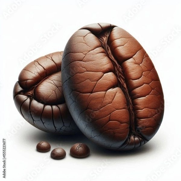 Fototapeta  two large coffee beans and three small ones on a white background. The grains are brown with a textured surface resembling dried mud or leather. Perfect for the coffee theme.