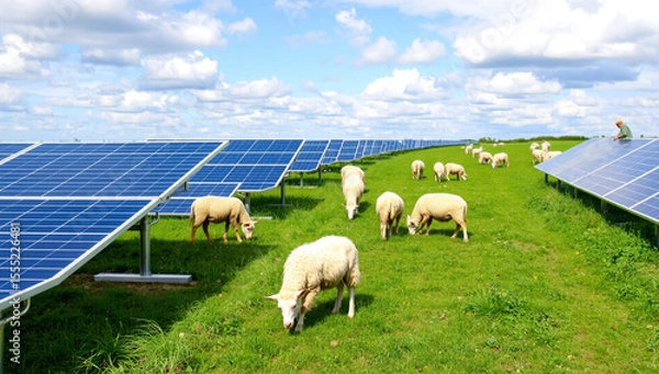 Obraz solar panels with sheep grazing around them, green energy