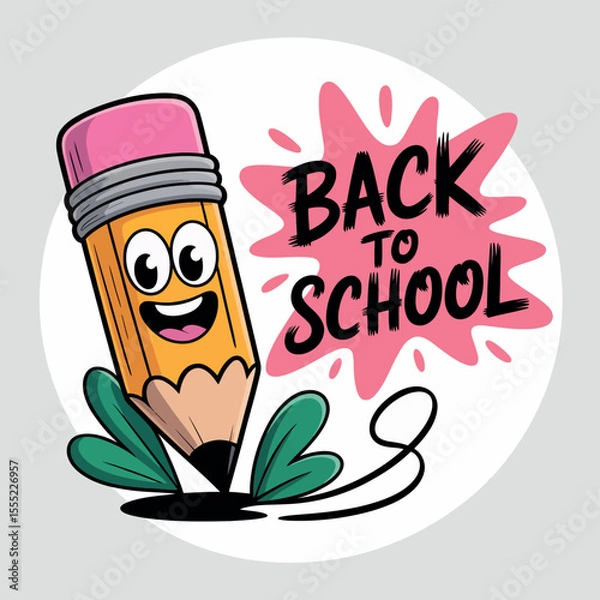 Fototapeta A delightful 'Back To School' illustration featuring a happy pencil and vibrant pink splash art. Ideal for educational promotions, welcoming students, or any design celebrating the return to learning.