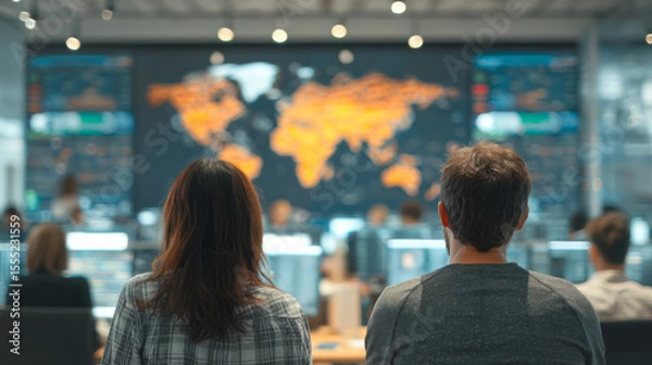 Fototapeta Two workers in modern office of forwarder, monitoring at global transport tracking system on digital map screen, modern workspace, back view.,