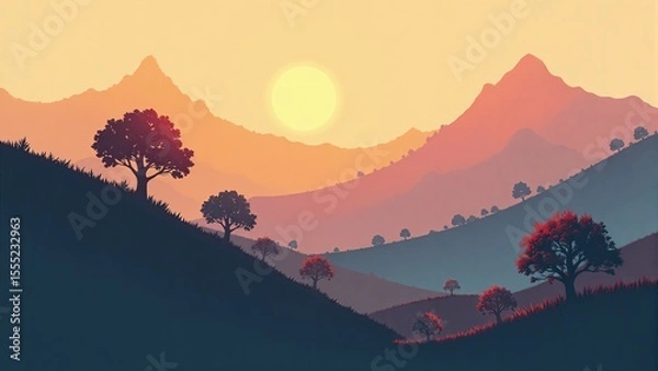 Obraz Minimalist Sunset over Layered Mountains