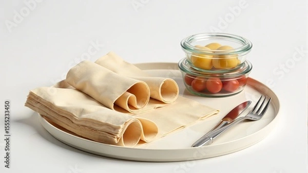 Obraz Uncooked Lasagna Sheets with Tomatoes and Cutlery