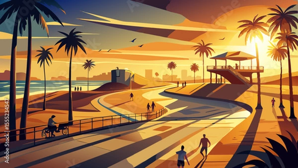 Fototapeta Golden light spills across the sand as palm trees cast long shadows. Skateboarders and cyclists move along the beachfront path, and the famous lifeguard towers stand silhouetted against the sky. In 