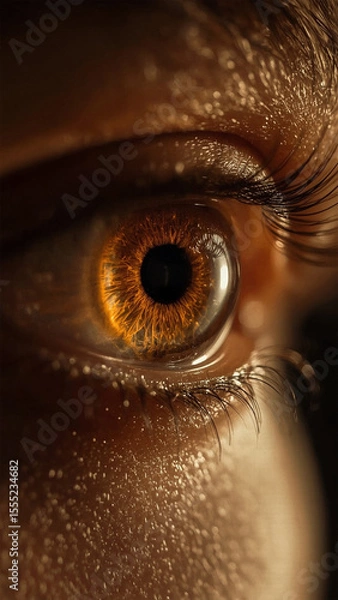 Obraz A hyper-realistic macro shot of a human eye in warm lighting, showcasing intricate iris patterns, sharp eyelashes, and detailed skin texture for dramatic visual impact and emotional depth.