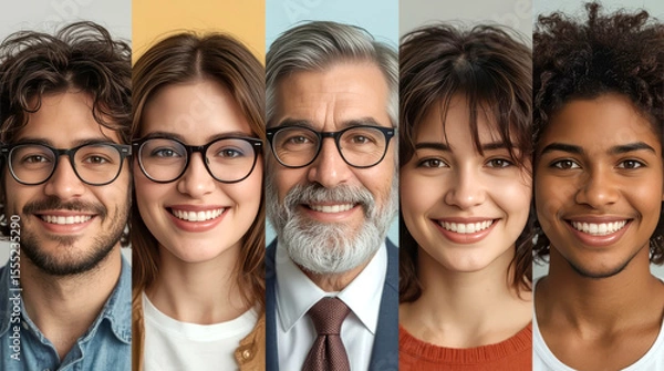 Fototapeta Smiling people of different countries, close-up portraits, each featuring a different person smiling broadly and looking at the camera. The individuals represent a diverse range of ages