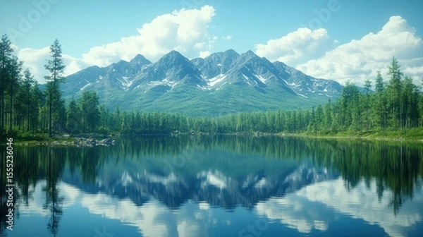 Fototapeta Serene mountain lake mirroring clouds