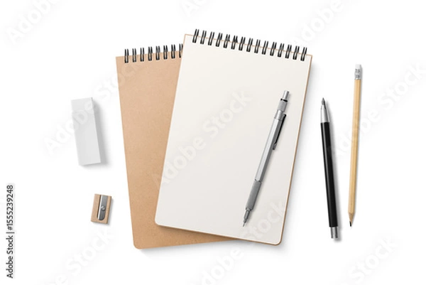 Fototapeta Spiral bound notebook mockup template with Kraft Paper cover isolated on a transparent background, PNG. High resolution.