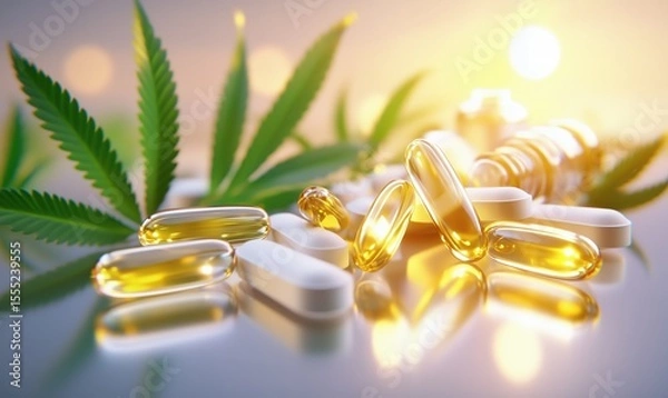 Obraz Cannabis Leaves and CBD Oil Capsules with Pills in Golden Sunlight
